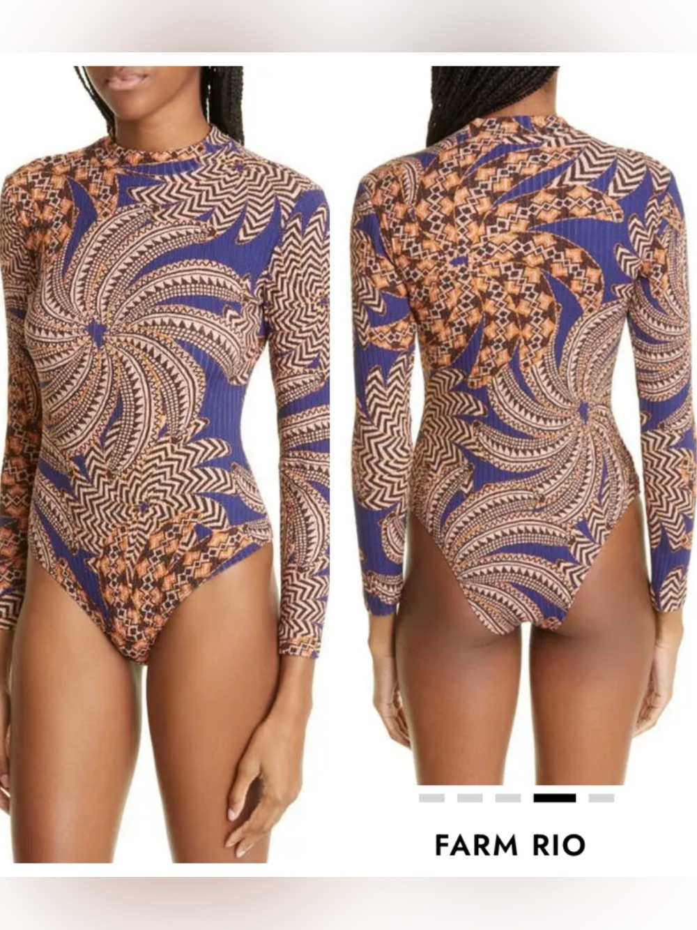 FARM RIO Yawanawa Vanahu Banana Print Mock Neck Stretch Organic Cotton Bodysuit